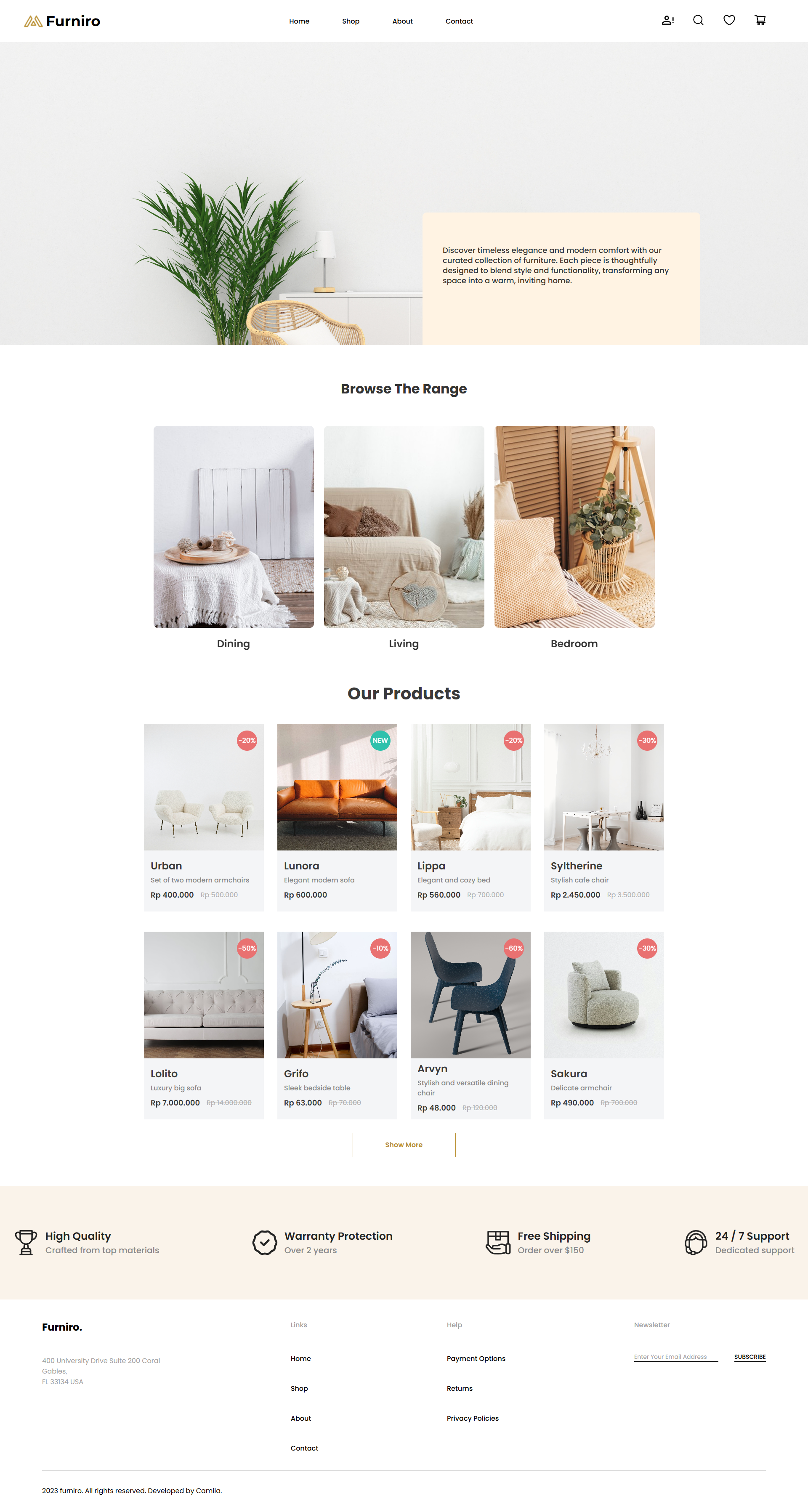 Screenshot da página inicial do Furniro